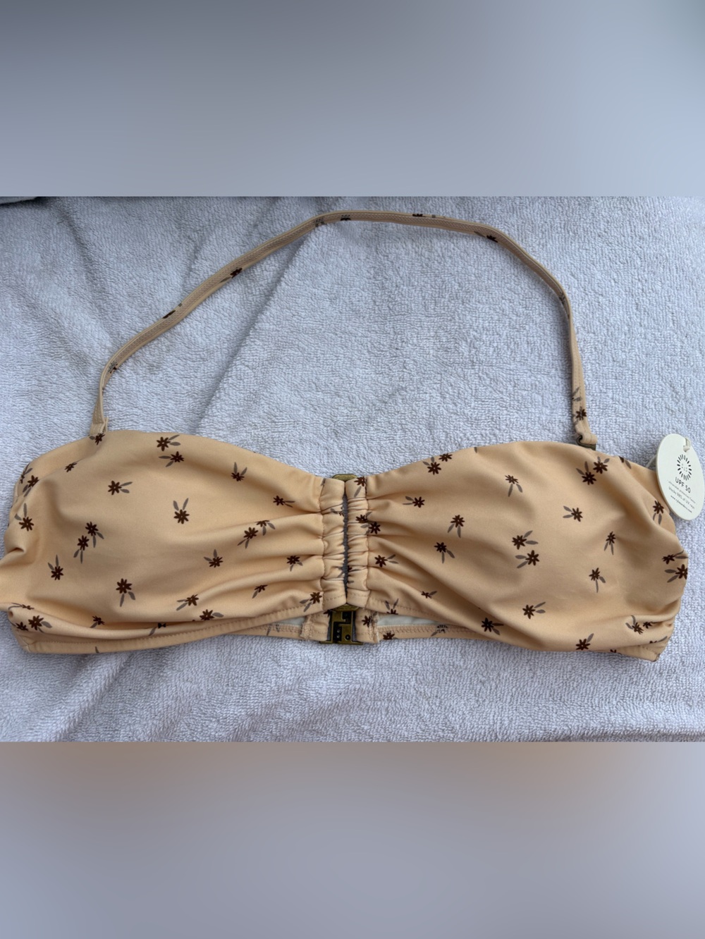 Strapless Bandeau Bikini Top in Beige with Brown Floral Print